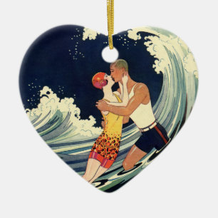 Ornamento De Cerâmica Vintage Art Deco lança beijo nas ondas da praia