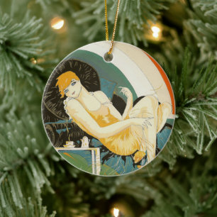 Ornamento De Cerâmica Vintage Art Deco Mulher reformulando no sofá, Chom