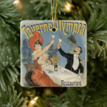 Ornamento De Cerâmica Vintage Art Nouveau, Restaurante Olimpíada Taverne<br><div class="desc">Ilustração de Vintage Art Nouveau anunciando poster para o Restaurante Olimpíada Taverne por Jules Cheret. Esta imagem de propaganda de amor vitoriano e romance apresenta uma mulher e um homem bebendo um brinde com champanhe e vinho espumante em um café romântico local. Eles estão comemorando com uma festa de janto...</div>