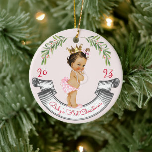 Ornamento De Cerâmica Vintage Baby Girl's First Christmas Red Pink