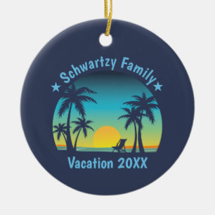 Ornamento De Cerâmica Vintage Beach Sunset Vacing Laranja Blue Lounger