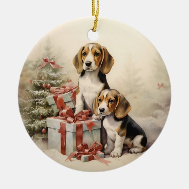 Ornamento De Cerâmica Vintage Beagle Natal (Frente)