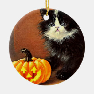 Ornamento De Cerâmica Vintage Black and White Halloween Kitten