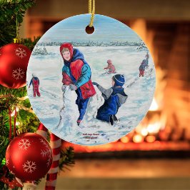 Ornamento De Cerâmica Vintage Blue HOLIDAY Crianças na cena de inverno.