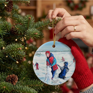 Ornamento De Cerâmica Vintage Blue HOLIDAY Crianças na cena de inverno.