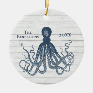 ORNAMENTO DE CERÂMICA VINTAGE BLUE OCTOPUS ORNAGE EM MADEIRA BRANCA