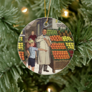 Ornamento De Cerâmica Vintage Business, Fruta com o Grocer e o Boy