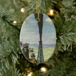 Ornamento De Cerâmica Vintage Business, Gushing Oil Well with Workers