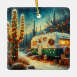 Ornamento De Cerâmica Vintage Camper Christmas em Desert Saguaro Cactus