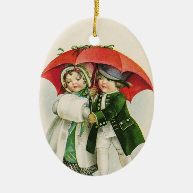 Ornamento De Cerâmica Vintage Casal Primeiro Natal (Frente)