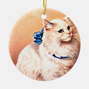 Ornamento De Cerâmica Vintage Cat com Arco Azul
