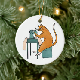 Ornamento De Cerâmica Vintage Cat Sewing