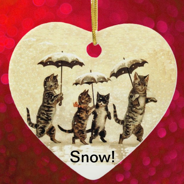 Ornamento De Cerâmica Vintage Cats Umbrellas Snow (Four brown cats walking upright umbrellas in falling snow on yellow heart shaped ceramic ornament.)