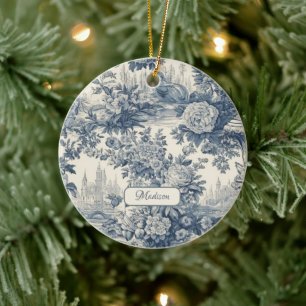 Ornamento De Cerâmica Vintage chic Blue toile de jouy monograma