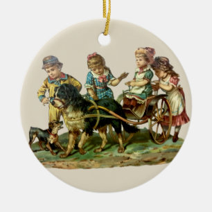Ornamento De Cerâmica Vintage Children and Dog Wagon