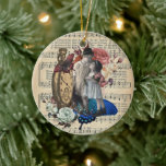 Ornamento De Cerâmica Vintage Children & Floral Collage<br><div class="desc">Linda colagem digital apresenta recorte de fotos coloridas de casal de garoto e menina junto com buquês florais vintage,  assistentes e borboletas em antigas folhas de música.</div>