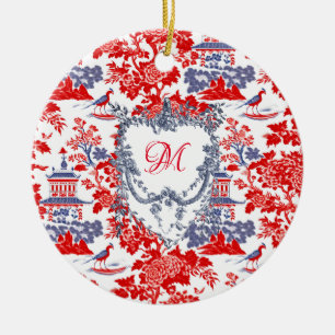 Ornamento De Cerâmica Vintage Chinoiserie Delft French red Blue monogram