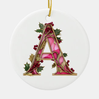 Ornamento De Cerâmica Vintage Christmas Pink Gold Holly Monogram A