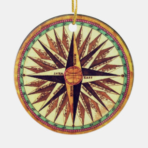Ornamento De Cerâmica Vintage Compass Rosa Round Ornament