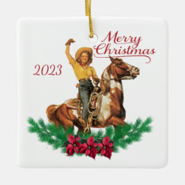 Ornamento De Cerâmica Vintage Cowgirl Sobre Cavalo Feliz Natal Napkins