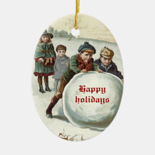 Ornamento De Cerâmica Vintage Crianças brincando no inverno