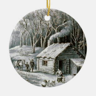 Ornamento De Cerâmica Vintage Currier & Ives Log Cabine Natal