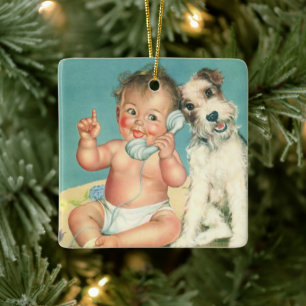 Ornamento De Cerâmica Vintage Cute Baby Conversando no Phone Puppy Dog