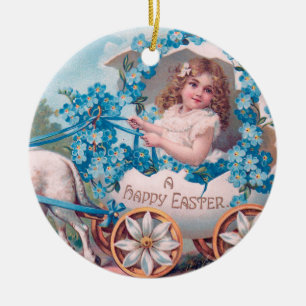 Ornamento De Cerâmica Vintage Cute Girl in Easter Egg Carruagem por Lamb