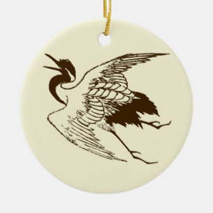 Ornamento De Cerâmica Vintage - Desenho japonês de uma grua, Brown