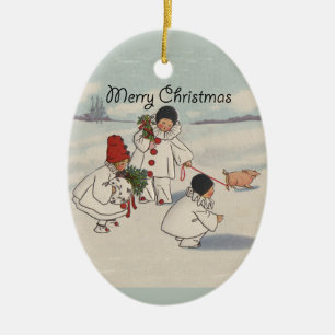 Ornamento De Cerâmica Vintage Felry Christmas Snow Children Trabalho de