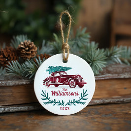 Ornamento De Cerâmica Vintage festivo Red Car Árvore de Natal Monograma