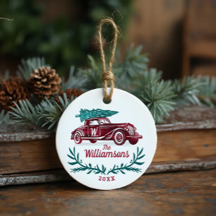 Ornamento De Cerâmica Vintage festivo Red Car Árvore de Natal Monograma