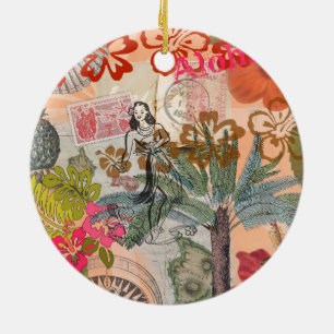Ornamento De Cerâmica Vintage Flowers Hula Colorful Hawaiian Tropical