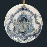 Ornamento De Cerâmica Vintage French Toile Natividade | Natal<br><div class="desc">Este ornamento de natais vintages apresenta uma bela natividade toile dentro de um antigo quadro francês angustiado.</div>