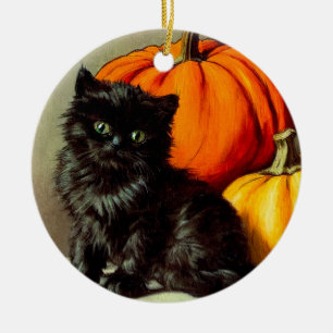 Ornamento De Cerâmica Vintage Halloween Black Cat e Pumpkins