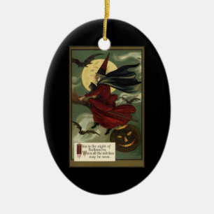 Ornamento De Cerâmica Vintage Halloween Bruxa Andando Broomstick com Cat