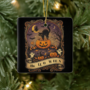 Ornamento De Cerâmica Vintage Halloween Gato Preto Abóbora Bruxa Assusta