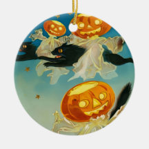 Vintage Halloween Pumpkin Fantasmas e Gatos Negros
