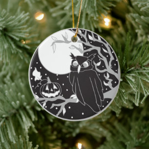 Ornamento De Cerâmica Vintage Halloween Pumpkin & Owl