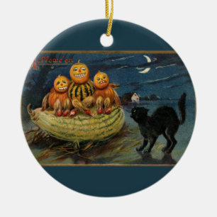Ornamento De Cerâmica Vintage Halloween Pumpkins Black Cat