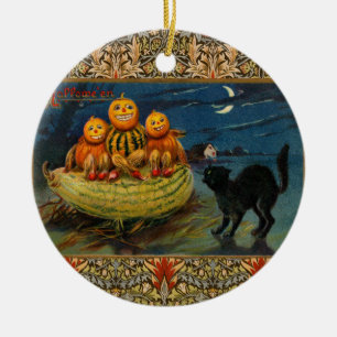Ornamento De Cerâmica Vintage Halloween Pumpkins Black Cat