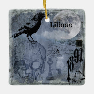 Ornamento De Cerâmica Vintage Halloween Skull e Crow Customize