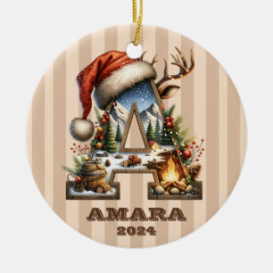 Ornamento De Cerâmica Vintage Holiday - Letra A Beige Striped