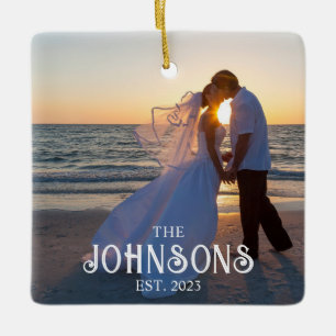 Ornamento De Cerâmica Vintage Inline Text Wedding Photo