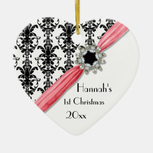 Ornamento De Cerâmica Vintage Jewel Buckle Black White Damask Ribbon