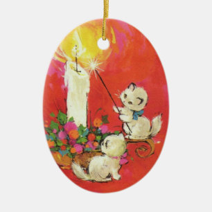 Ornamento De Cerâmica Vintage Kittens acendendo uma vela