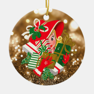 Ornamento De Cerâmica Vintage Lady Holding Natal Apresenta Dourado Bokeh