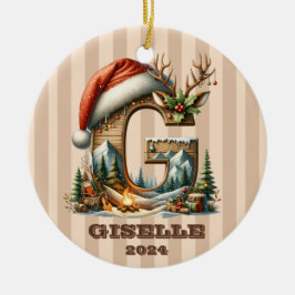 Ornamento De Cerâmica Vintage - Letra G com Cena de Feriado de Stripes C