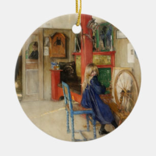 Ornamento De Cerâmica Vintage Little Girl at Spinning Wheel