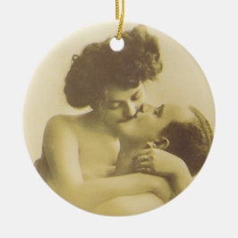 Ornamento De Cerâmica Vintage love couple kissing sepia illustration